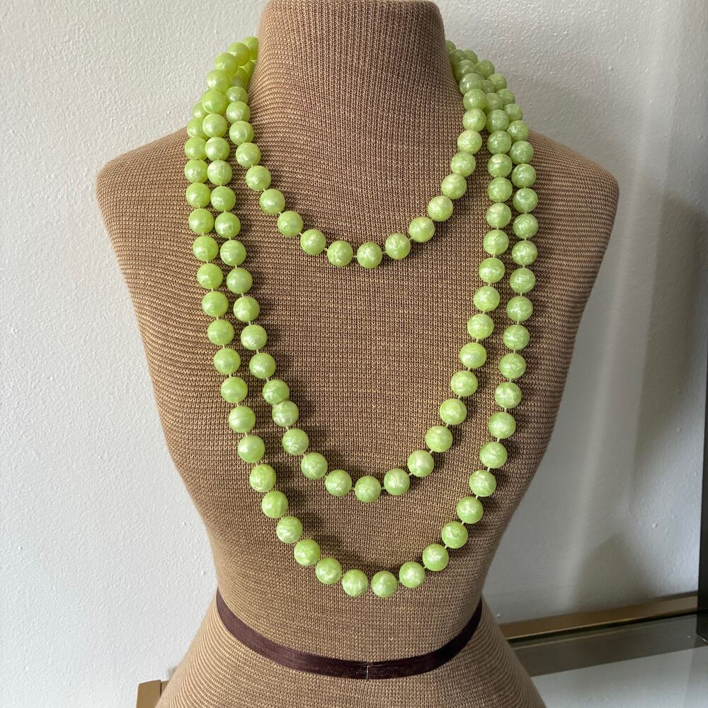 Vintage Lime Green Beaded Necklace Endless Strand 10mm 44" Pearlescent Lucite?